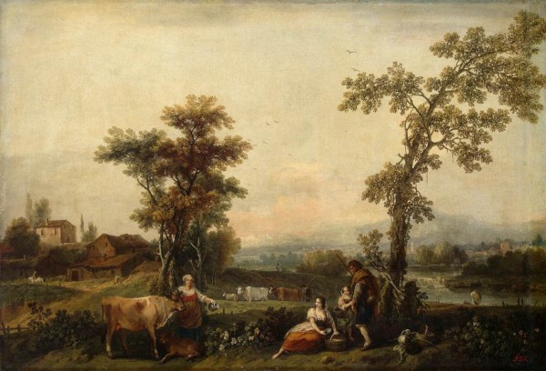 Landscape with woman leading a cow by Francesco Zuccarelli